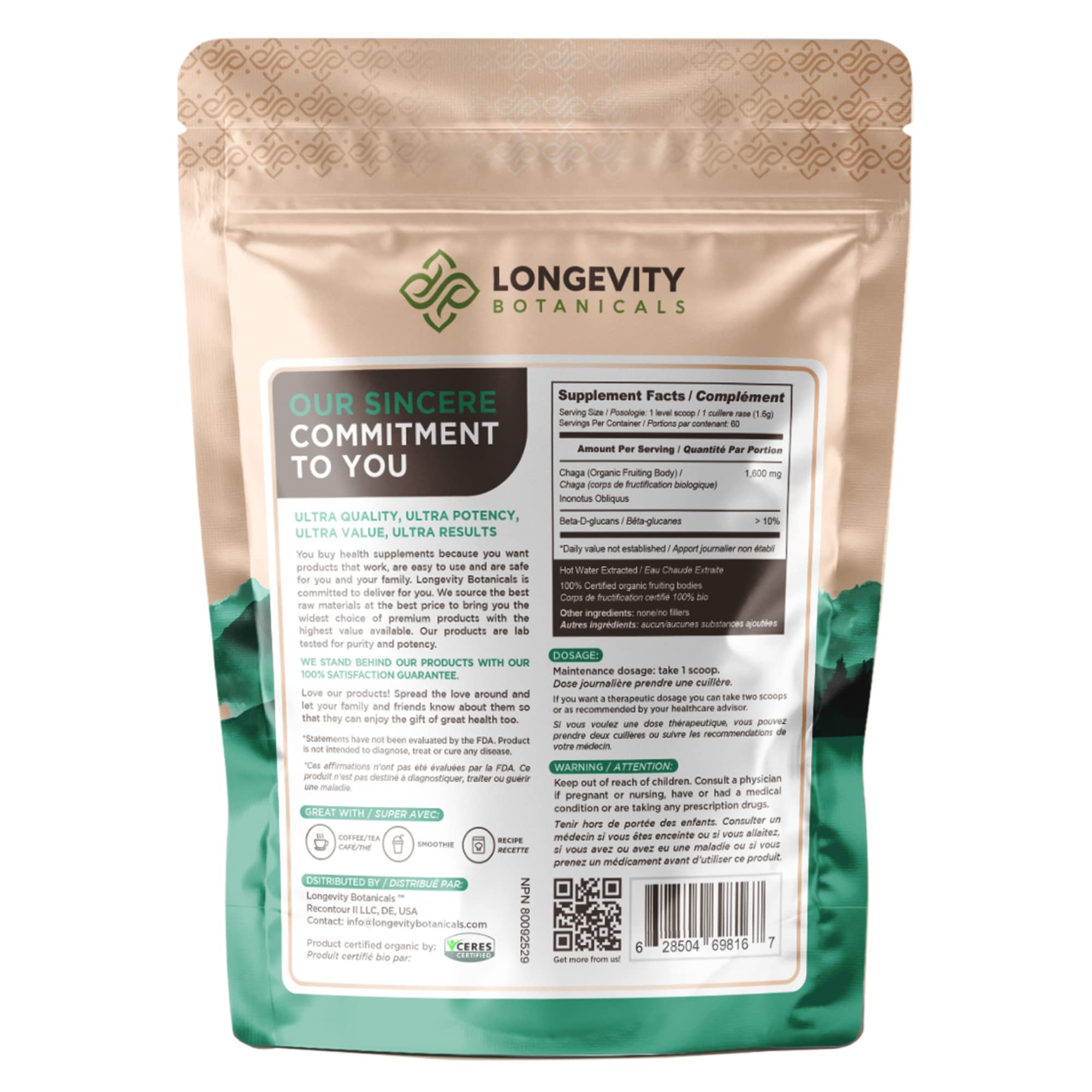 Longevity Botanicals Organic Chaga Mushroom Powder - Ultra Concentrated Supplement - Promotes a Balanced Immune System, Relaxation, Stress Relief and Improved Sleep - 100 Grams