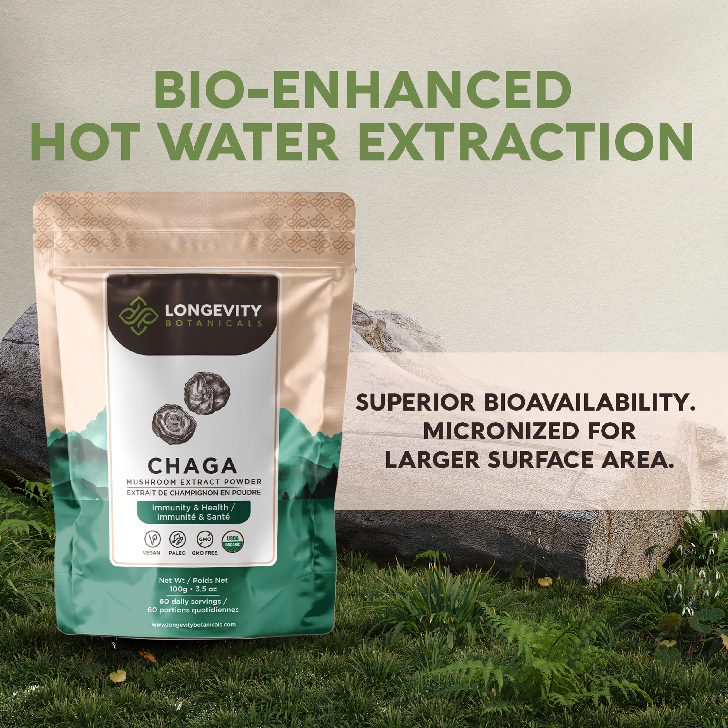 Longevity Botanicals Organic Chaga Mushroom Powder - Ultra Concentrated Supplement - Promotes a Balanced Immune System, Relaxation, Stress Relief and Improved Sleep - 100 Grams