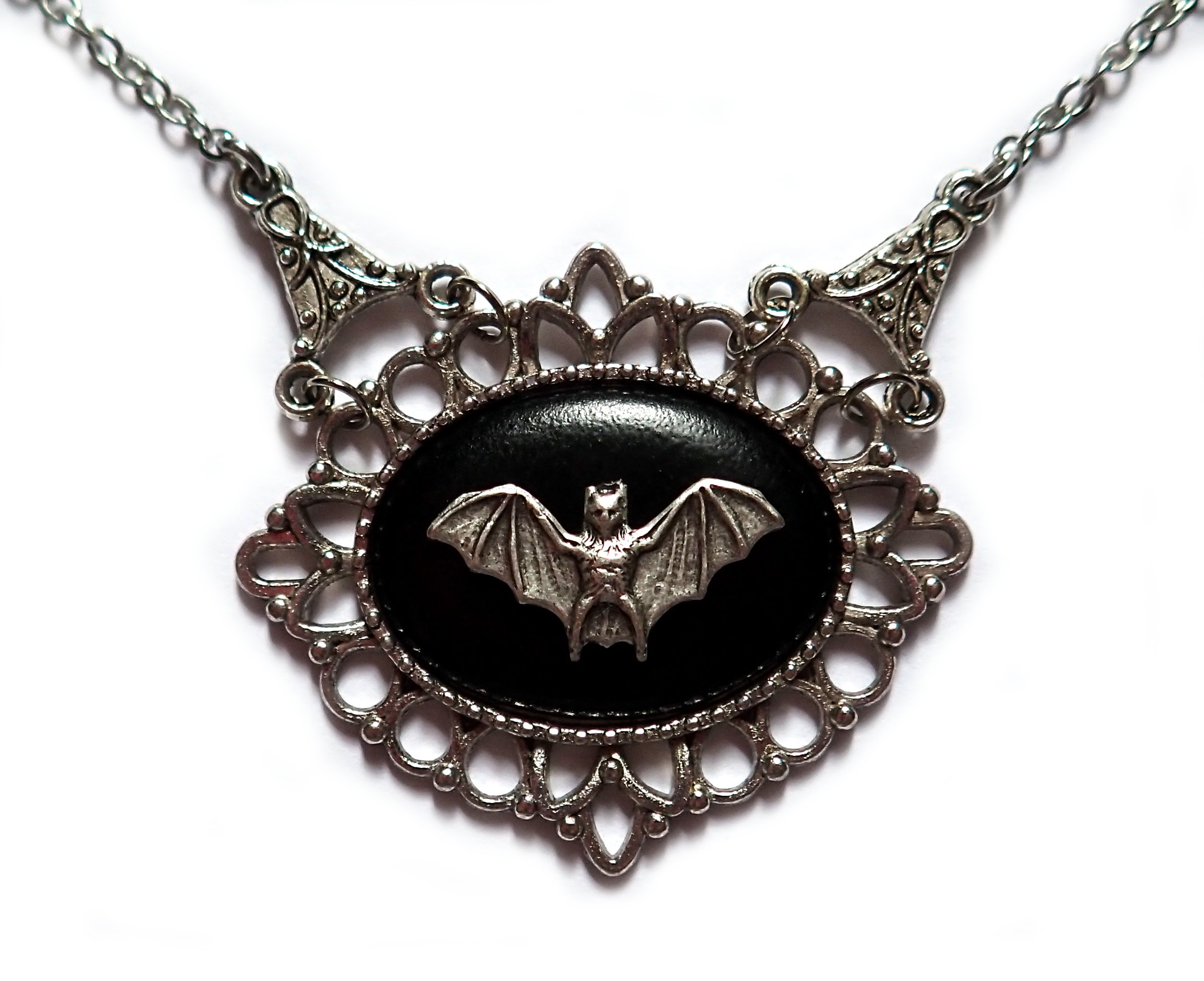 Moon Maiden Jewelry Gothic Victorian Silver Framed Bat Cameo Necklace