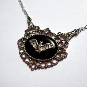 Moon Maiden Jewelry Gothic Victorian Silver Framed Bat Cameo Necklace