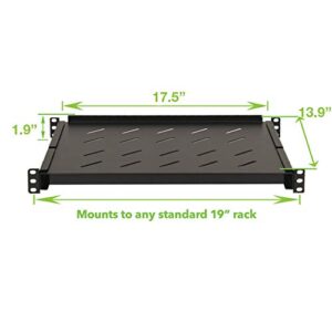 NavePoint Vented 4-Post Shelf, Adjustable, Black, 350 mm Depth, 1U, 242 lbs, Cold Rolled Steel, CE Compliant