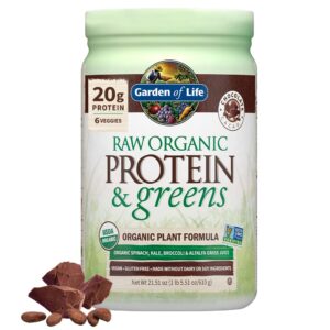 garden of life raw organic protein & greens - chocolate - vegan protein powder for women and men, plant protein, pea protein, greens & probiotics - dairy free, gluten free low carb shake, 20 servings