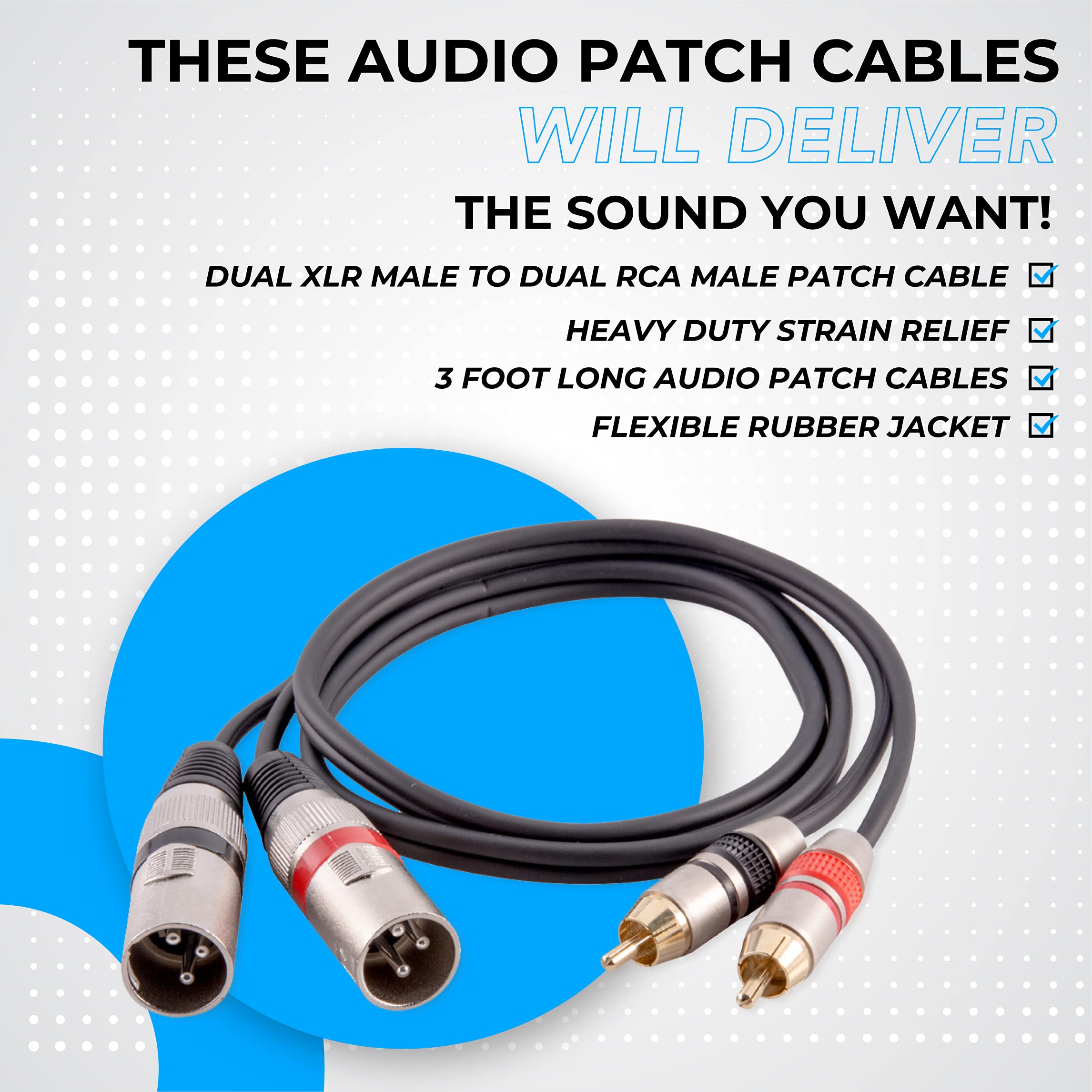 Seismic Audio Speakers 3 Foot XLR Dual Male Patch Cable, 2 XLR To 2 RCA Audio Cords