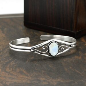 5.60 Cts Moonstone Bangle For Women Silver Overlay Handmade Vintage Boho Style Jewelry Mother's Day Gifts For Mom Wife