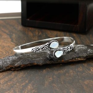 3.05 Cts Moonstone Bangle For Women Silver Overlay Handmade Vintage Boho Style Jewelry Mother'S Day Gifts For Mom Wife