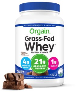 orgain whey protein powder, creamy chocolate fudge - 21g grass fed dairy protein, 5g bcaas, 4g prebiotic fiber, no sugar added, no added hormones, gluten free, kosher, for shakes & smoothies - 1.82lb