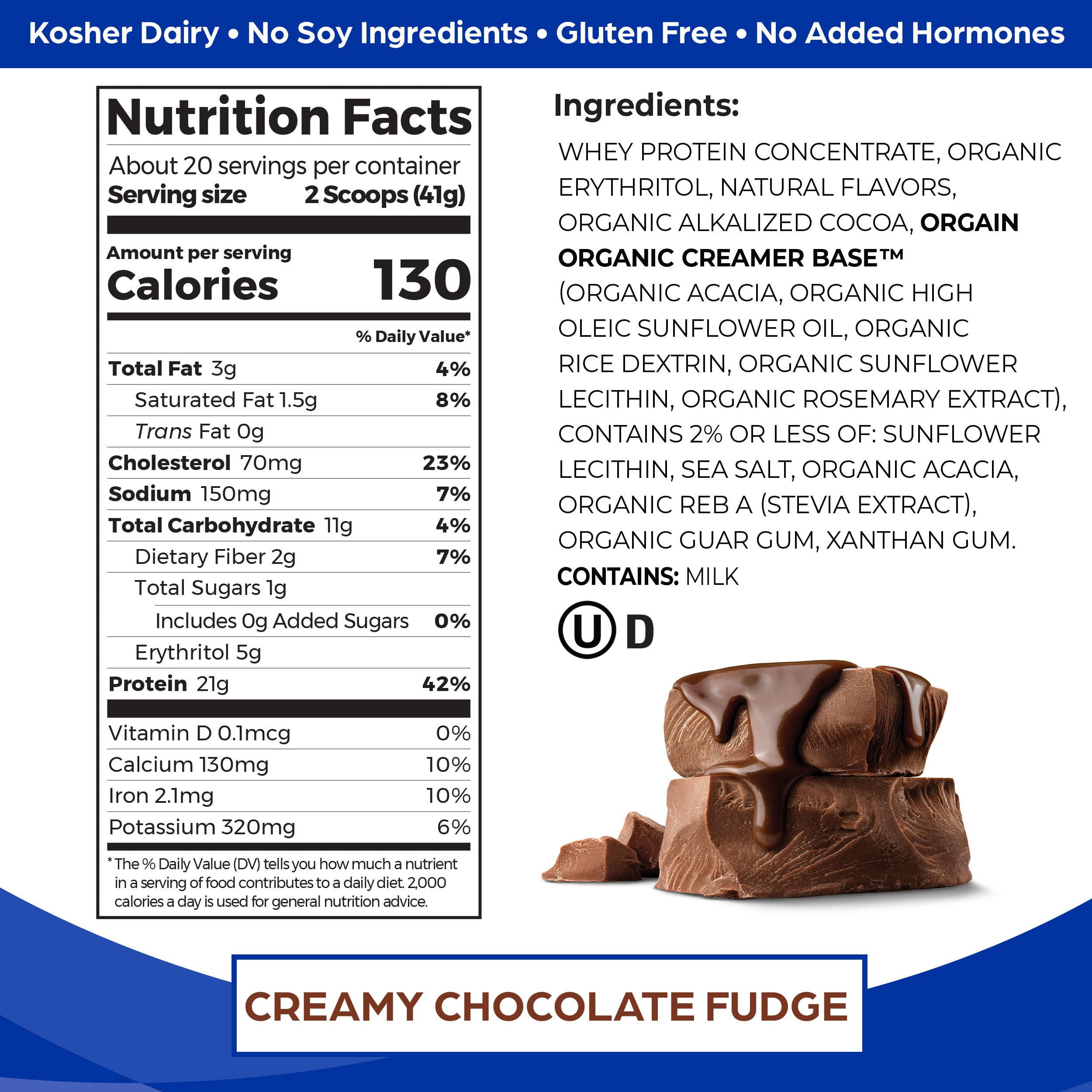 Orgain Whey Protein Powder, Creamy Chocolate Fudge - 21g Grass Fed Dairy Protein, 5g BCAAs, 4g Prebiotic Fiber, No Sugar Added, No Added Hormones, Gluten Free, Kosher, For Shakes & Smoothies - 1.82lb