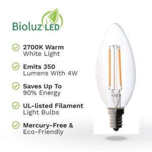 Bioluz LED 4W Filament Candelabra Bulb, E12 Base High Efficiency LED Candle Bulbs, UL Listed, Pack of 6