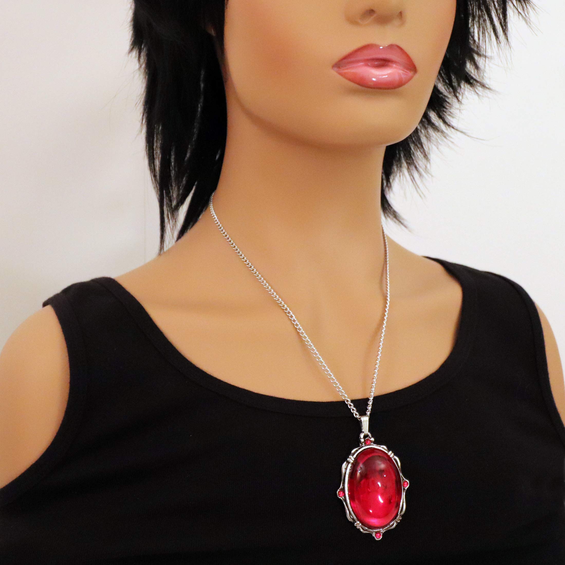 Blood Red Oval Stone In Silver Finish Pewter Frame Pendant Necklace