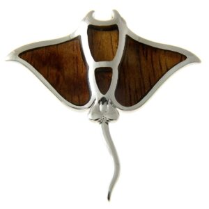 Arthur's Jewelry Koa Wood Hawaiian Manta Ray Fish Rhodium Silver Plated Brass Slide Pendant