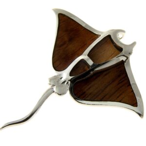 Arthur's Jewelry Koa Wood Hawaiian Manta Ray Fish Rhodium Silver Plated Brass Slide Pendant