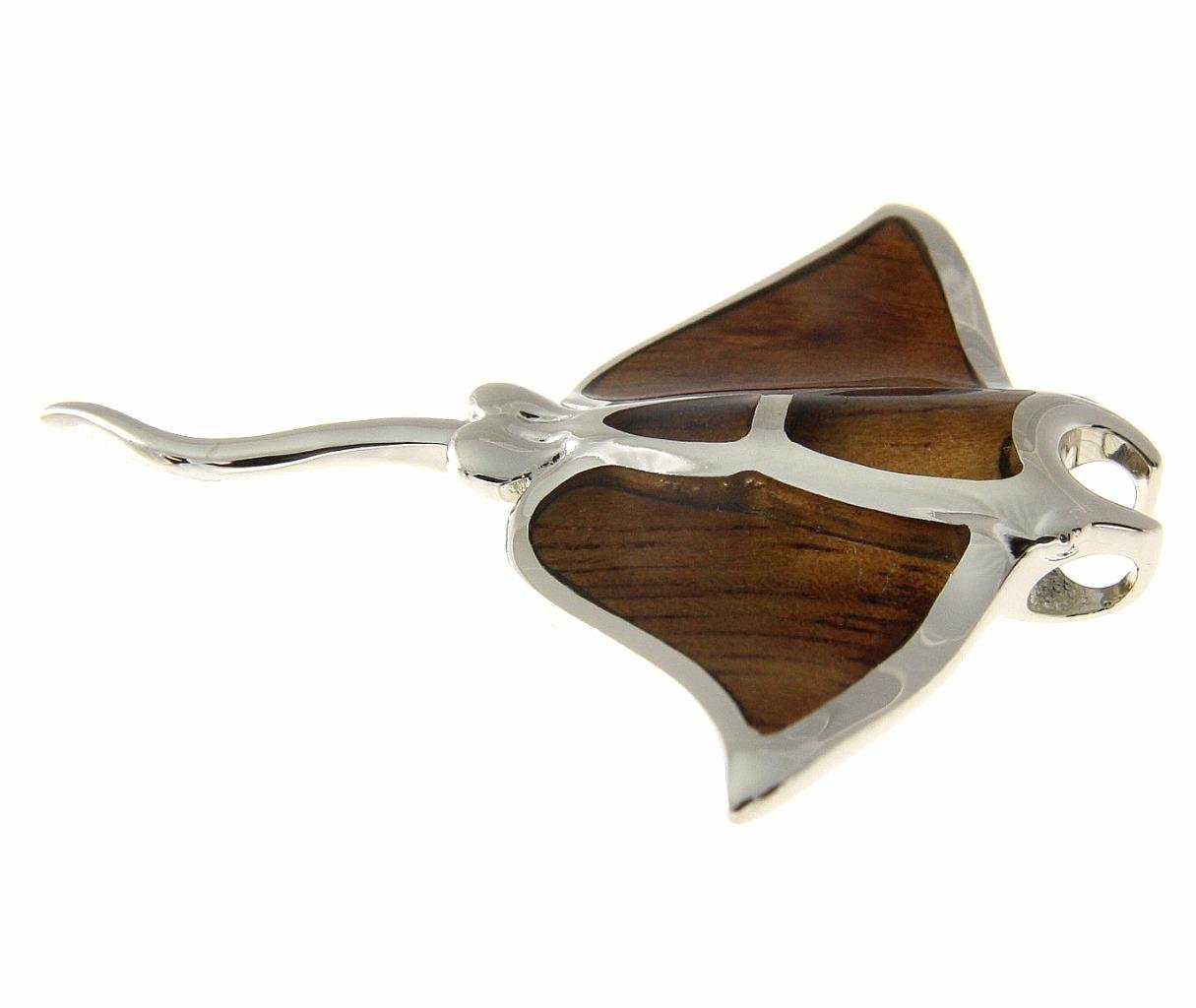 Arthur's Jewelry Koa Wood Hawaiian Manta Ray Fish Rhodium Silver Plated Brass Slide Pendant