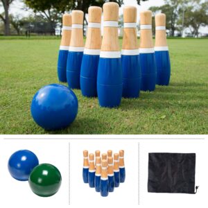 13-Piece Wood Bowling Set - Indoor/Outdoor Bowling Game for Adults and Kids Ages 3 and Up - 10 Wood Pins, 2 Balls, and Carrying Bag by Hey Play (Blue)