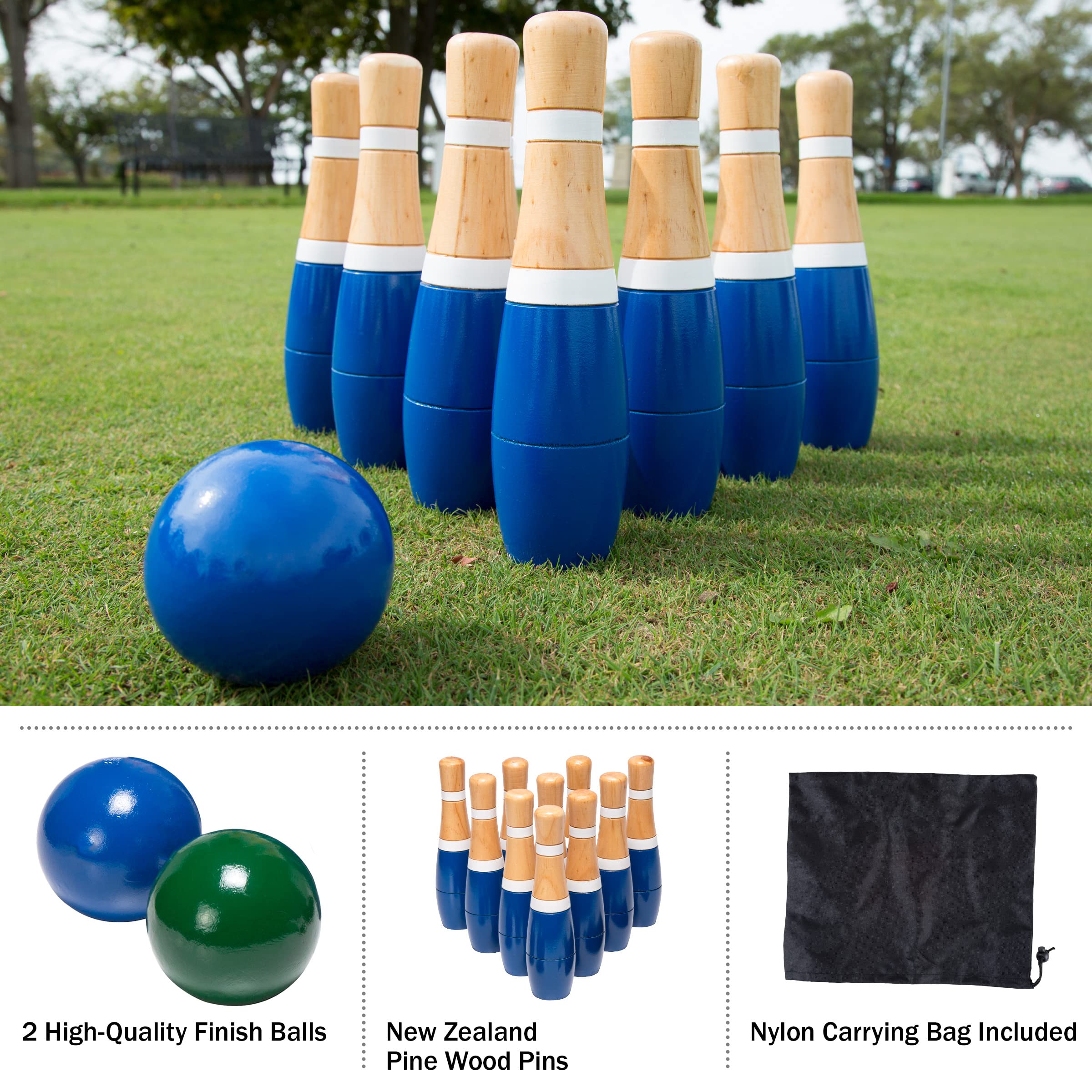 13-Piece Wood Bowling Set - Indoor/Outdoor Bowling Game for Adults and Kids Ages 3 and Up - 10 Wood Pins, 2 Balls, and Carrying Bag by Hey Play (Blue)