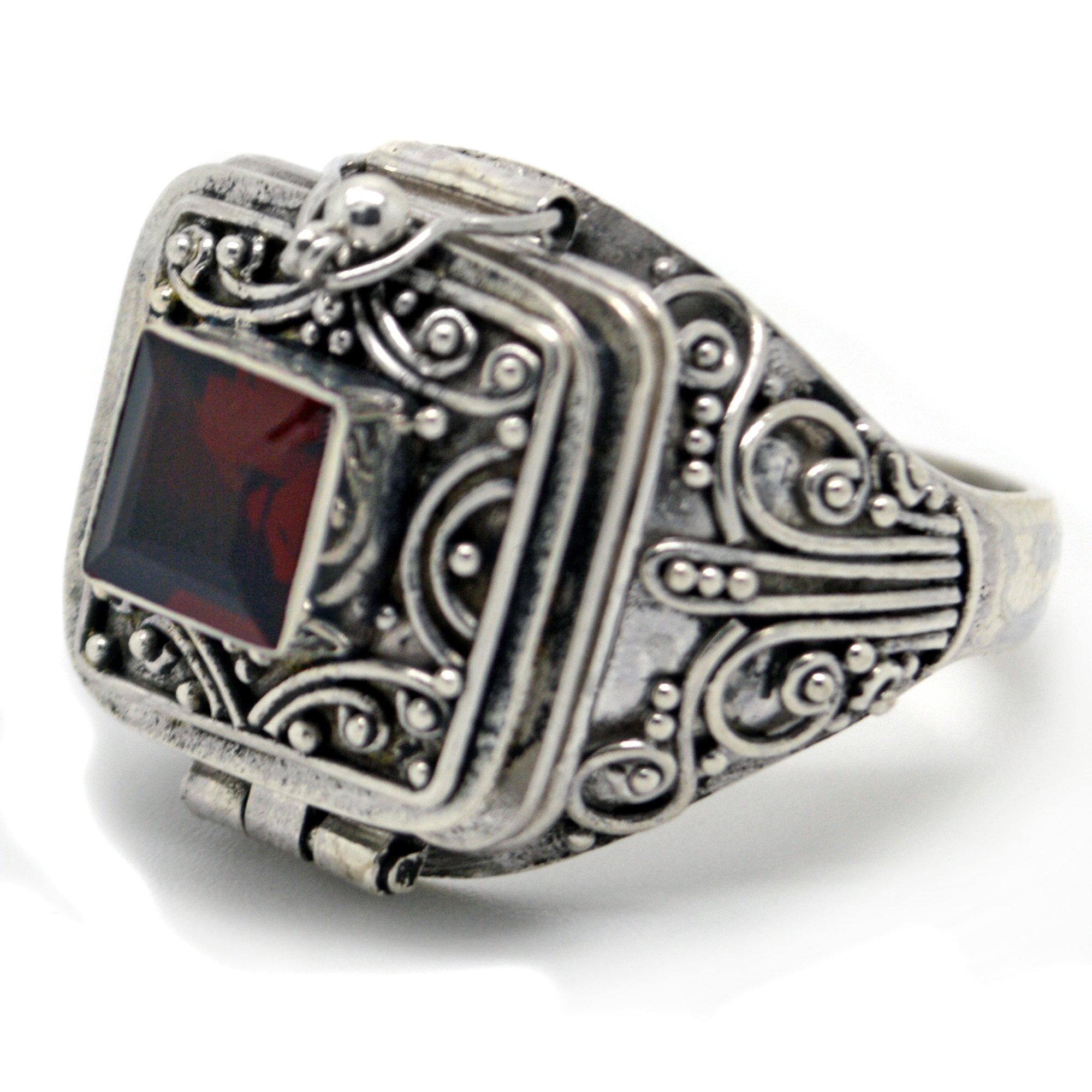 Square Genuine Garnet Poison Locket Box Sterling Silver Ring Size 10(Sizes 4,5,6,7,8,9,10)