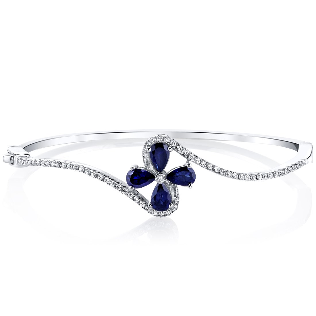 PEORA Created Blue Sapphire Blue Topaz Daisy Bangle Bracelet for Women 925 Sterling Silver, 2 Carats total Pear Shape 6x4mm, 2.25 inches diameter