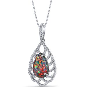 peora created black fire opal vintage teardrop pendant necklace for women 925 sterling silver, large 2.75 carats total pear shape 15x10mm, with 18 inch chain