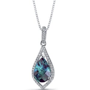 peora simulated alexandrite floating teardrop pendant necklace for women 925 sterling silver, color changing 3.75 carats pear shape 12x8mm, with 18 inch chain