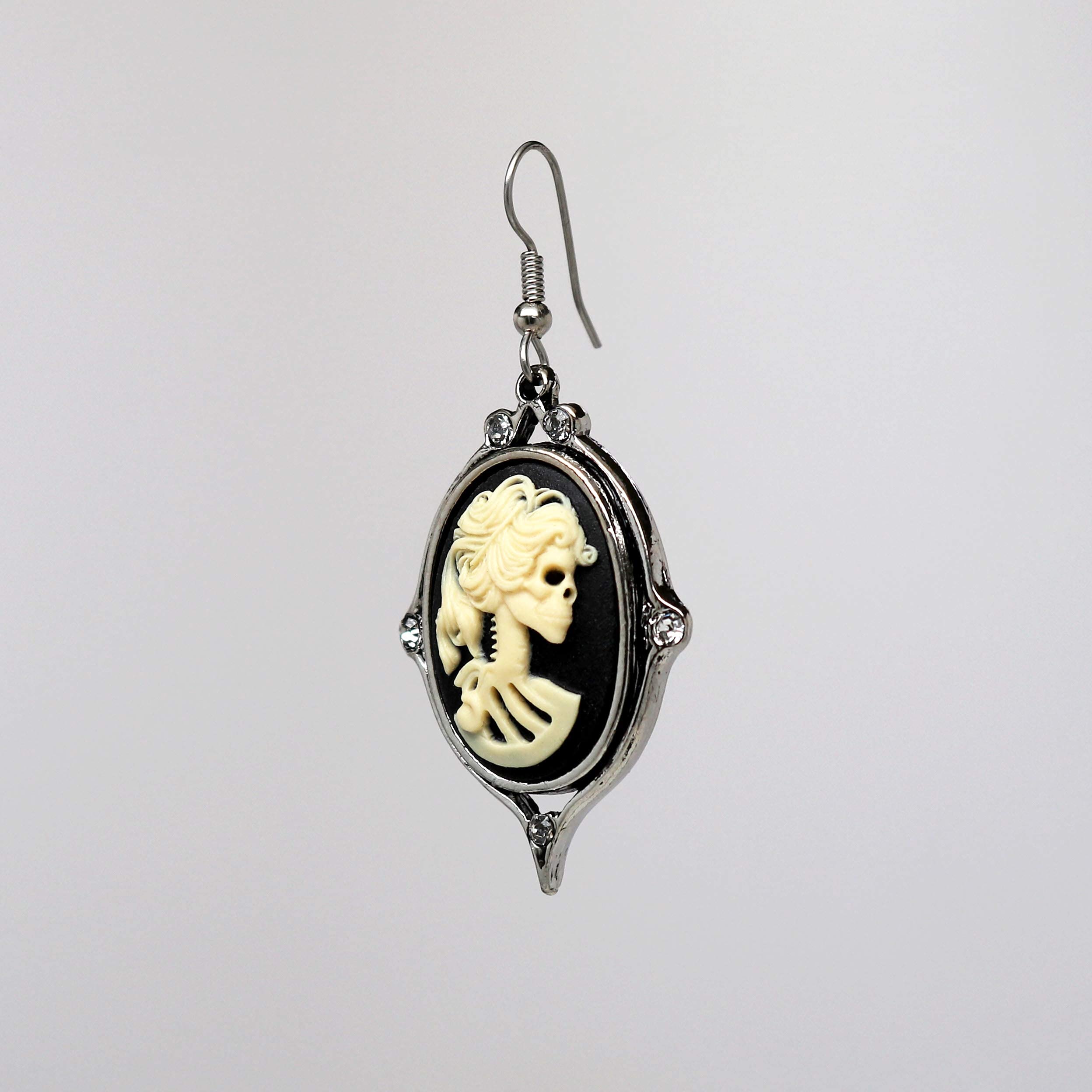 Gothic Lolita Skull Cameo Ivory on Black Dangle Earrings with Austrian Crystals