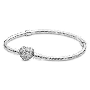 pandora jewelry moments sparkling heart clasp snake chain charm cubic zirconia bracelet in sterling silver, 7.1"