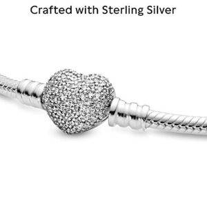 Pandora Jewelry Moments Sparkling Heart Clasp Snake Chain Charm Cubic Zirconia Bracelet in Sterling Silver, 7.1"