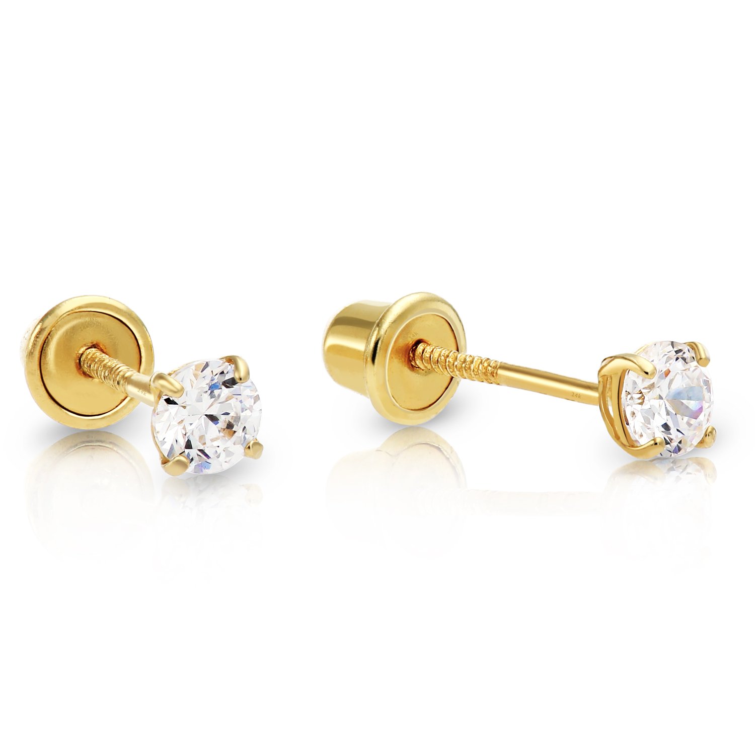 14k Yellow Gold Small Cubic Zirconia Solitaire CZ Stud Earrings with Screw Backs (3mm)