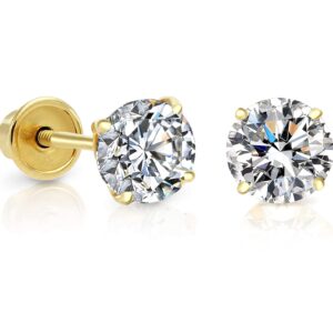 14k Yellow Gold Small Cubic Zirconia Solitaire CZ Stud Earrings with Screw Backs (3mm)