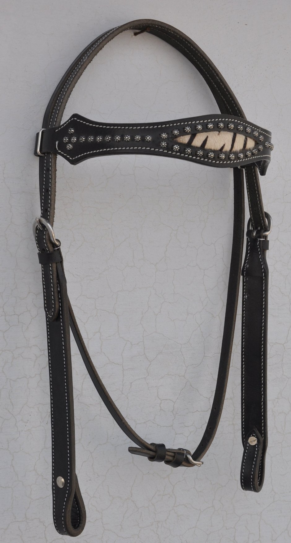 GSk Reitsports New Premium Leather Western Headstall Mini Studs Black Zebra Printed Padded Black