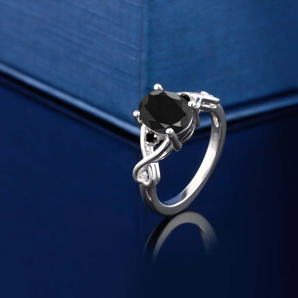 Gem Stone King 925 Sterling Silver Black Sapphire and Black Diamond Women 3 Stone Ring (2.60 Cttw, Available in size 5, 6, 7, 8, 9)