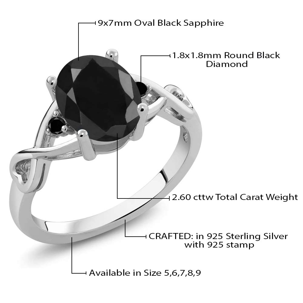 Gem Stone King 925 Sterling Silver Black Sapphire and Black Diamond Women 3 Stone Ring (2.60 Cttw, Available in size 5, 6, 7, 8, 9)