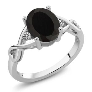 Gem Stone King 925 Sterling Silver Black Onyx and White Diamond 3-Stone Ring For Women (2.06 Cttw, Center: 9X7MM Oval, Gemstone Birthstone, Available In Size 5, 6, 7, 8, 9)