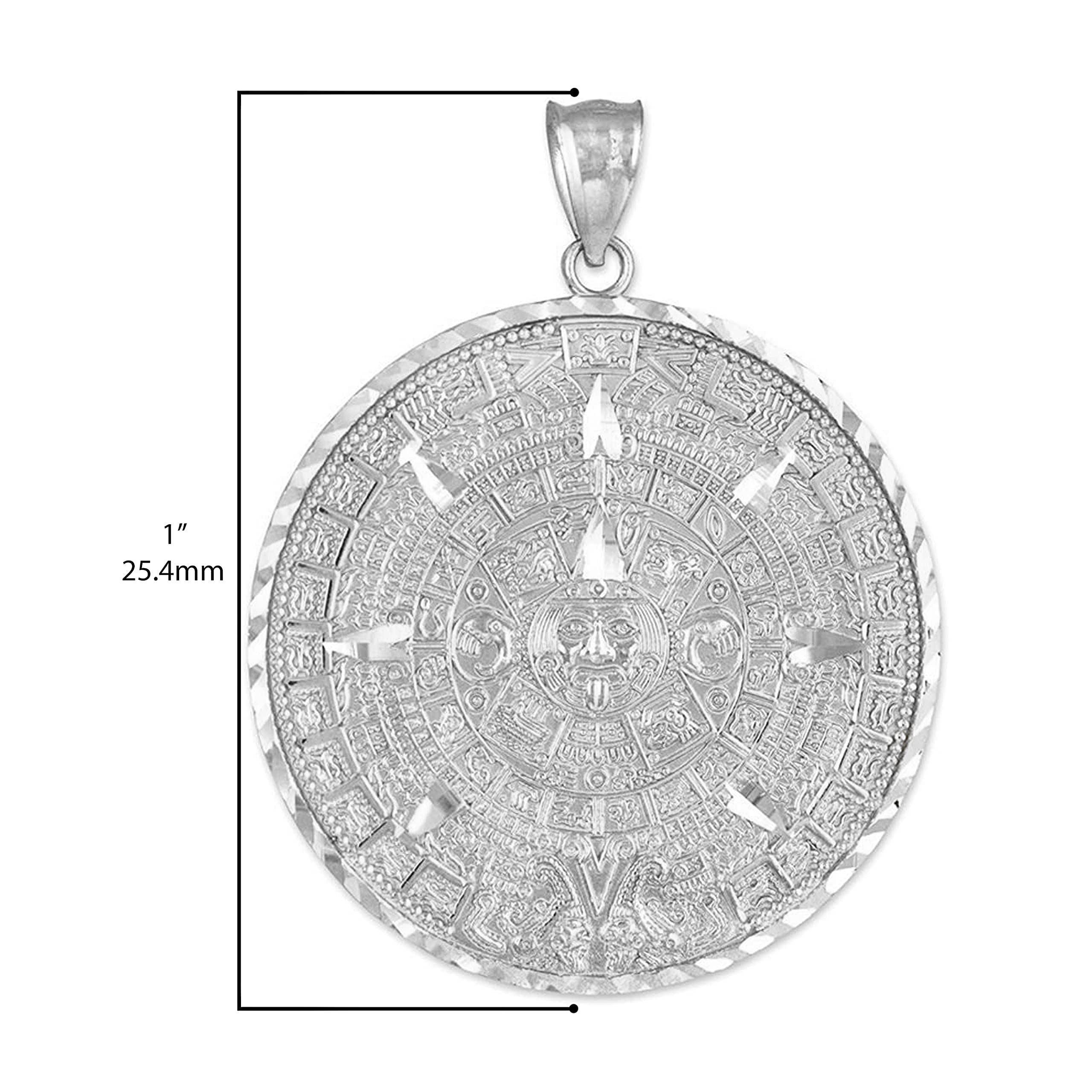 .925 Serling Silver Round Aztec Mayan Calendar Charm Pendant Necklace with Rolo Chain - 22"