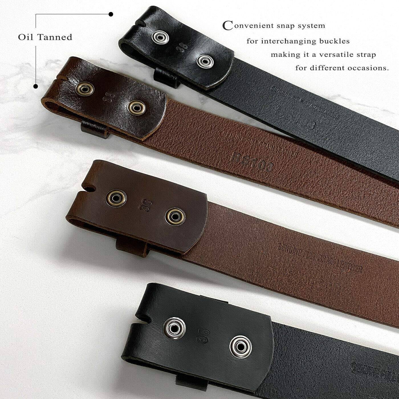 One Piece Full Grain Buffalo Leather Replacement Belt Strap 1-1/2" wide (Black, 52)