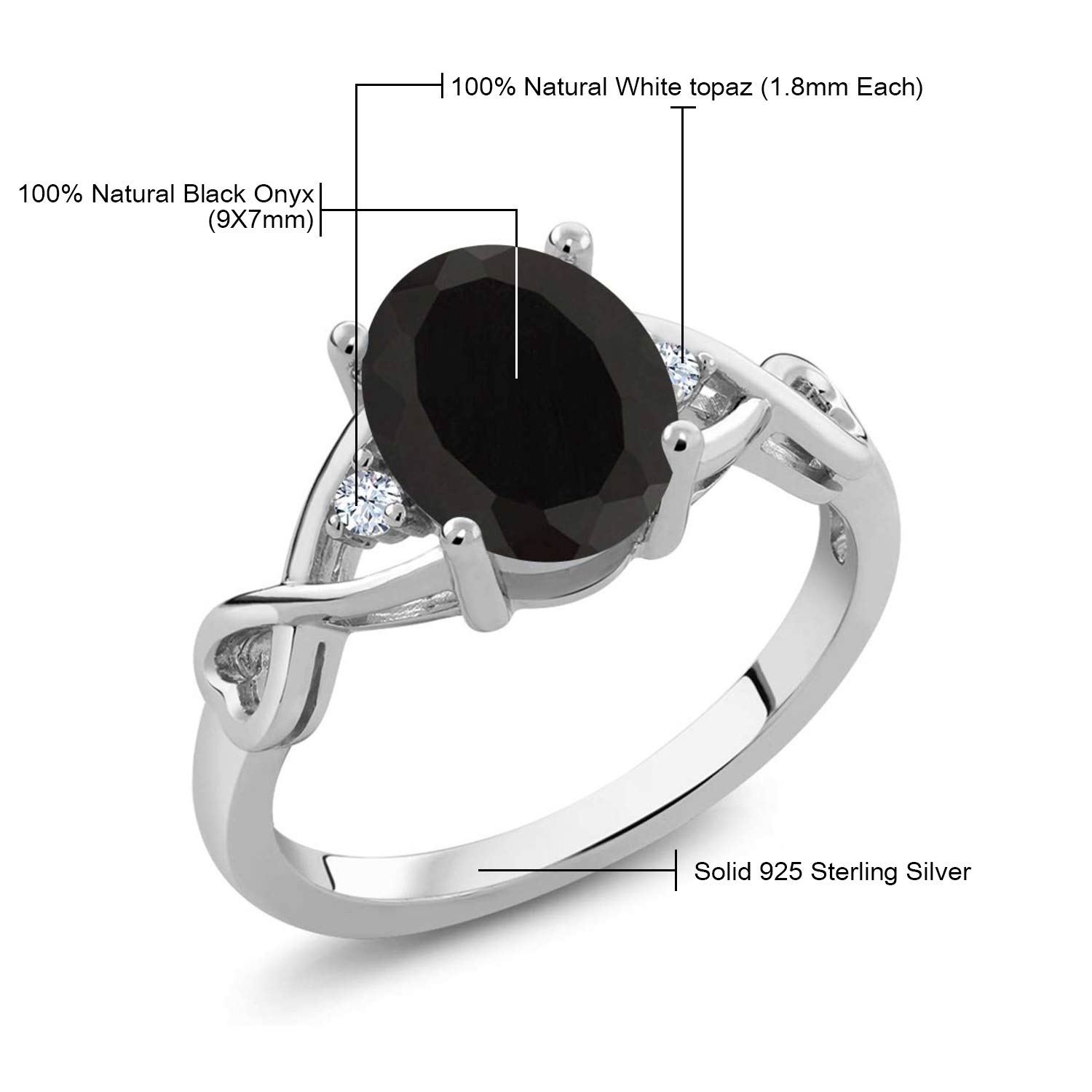 Gem Stone King 925 Sterling Silver Black Onyx and White Topaz Engagement Ring For Women (2.05 Cttw, Oval 9X7MM, Gemstone Birthstone, Available In Size 5, 6, 7, 8, 9)