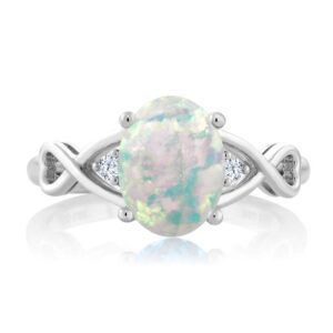 Gem Stone King 925 Sterling Silver Cabochon White Simulated Opal Ring For Women (0.69 Cttw, Oval Birthstone Available 5,6,7,8,9) (Size 7)