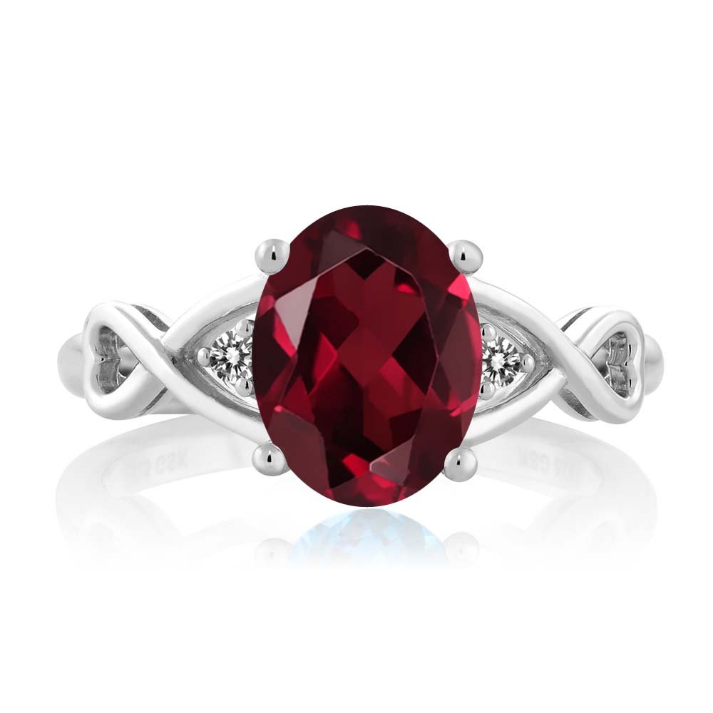 Gem Stone King 925 Sterling Silver Red Rhodolite Garnet and White Diamond Ring For Women (2.06 Cttw, Gemstone Birthstone, Available In Size 5, 6, 7, 8, 9)