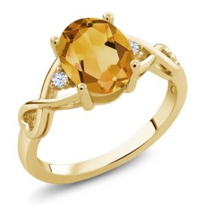 Gem Stone King 18K Yellow Gold Plated Silver Yellow Citrine and White Topaz Engagement Ring For Women | 1.55 Cttw | Oval 9X7MM | Gemstone Birthstone | Ring Size 5-9