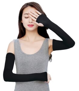 bellady women stretchy long arm sleeves fingerless gloves arm cover, black, one size