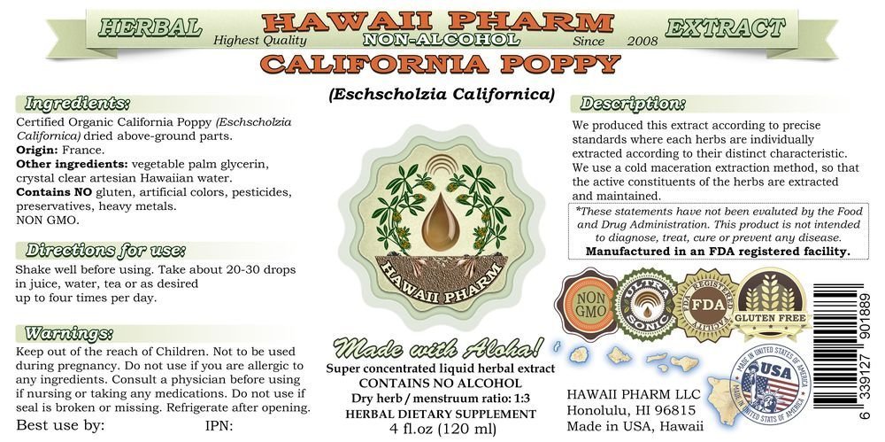 Hawaii Pharm California Poppy Alcohol-FREE Liquid Extract, Organic California Poppy (Eschscholzia Californica) Dried above-Ground Part Glycerite Natural Herbal Supplement 2 oz