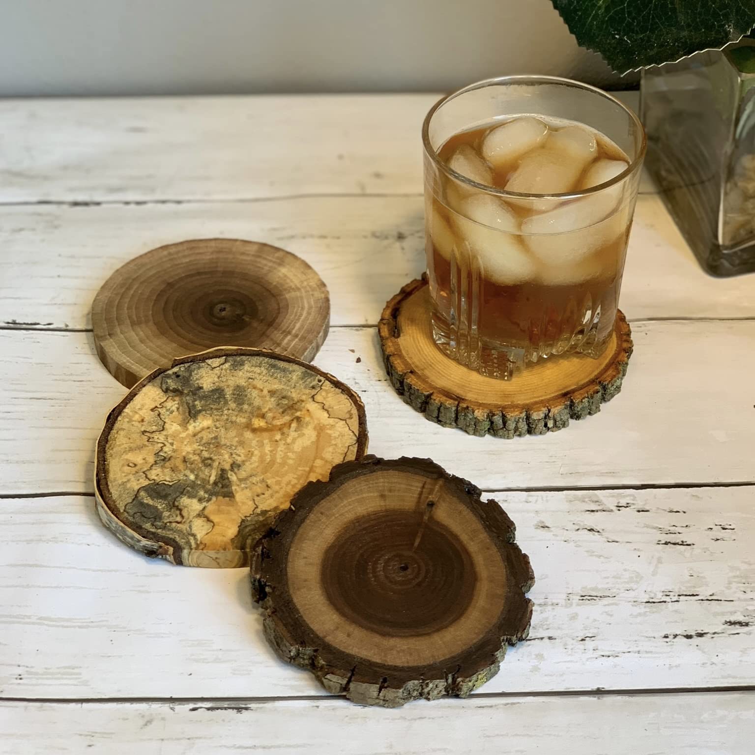 Variety Pack Natural Tree Wood Coasters with Bark (4-Pack) | Coasters For Drinks, Bars, Mancaves, Coffee Tables | Rustic Home Decor