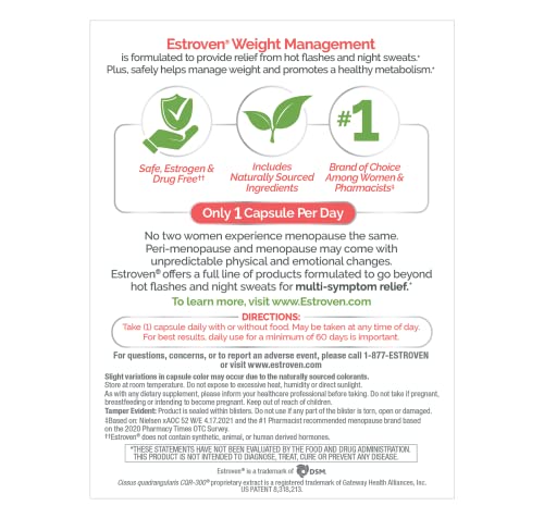 Estroven Weight Management for Menopause Relief - 30 Ct. - Clinically Proven Ingredients Help Manage Weight, Provide Night Sweats & Hot Flash Relief - Drug-Free & Gluten-Free Caplets