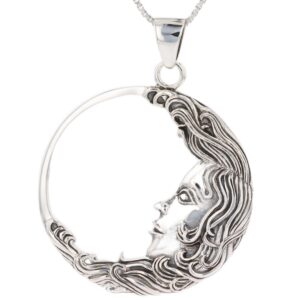 Jewelry Trends Sterling Silver Large Crescent Moon Goddess Face Pendant Necklace 18"