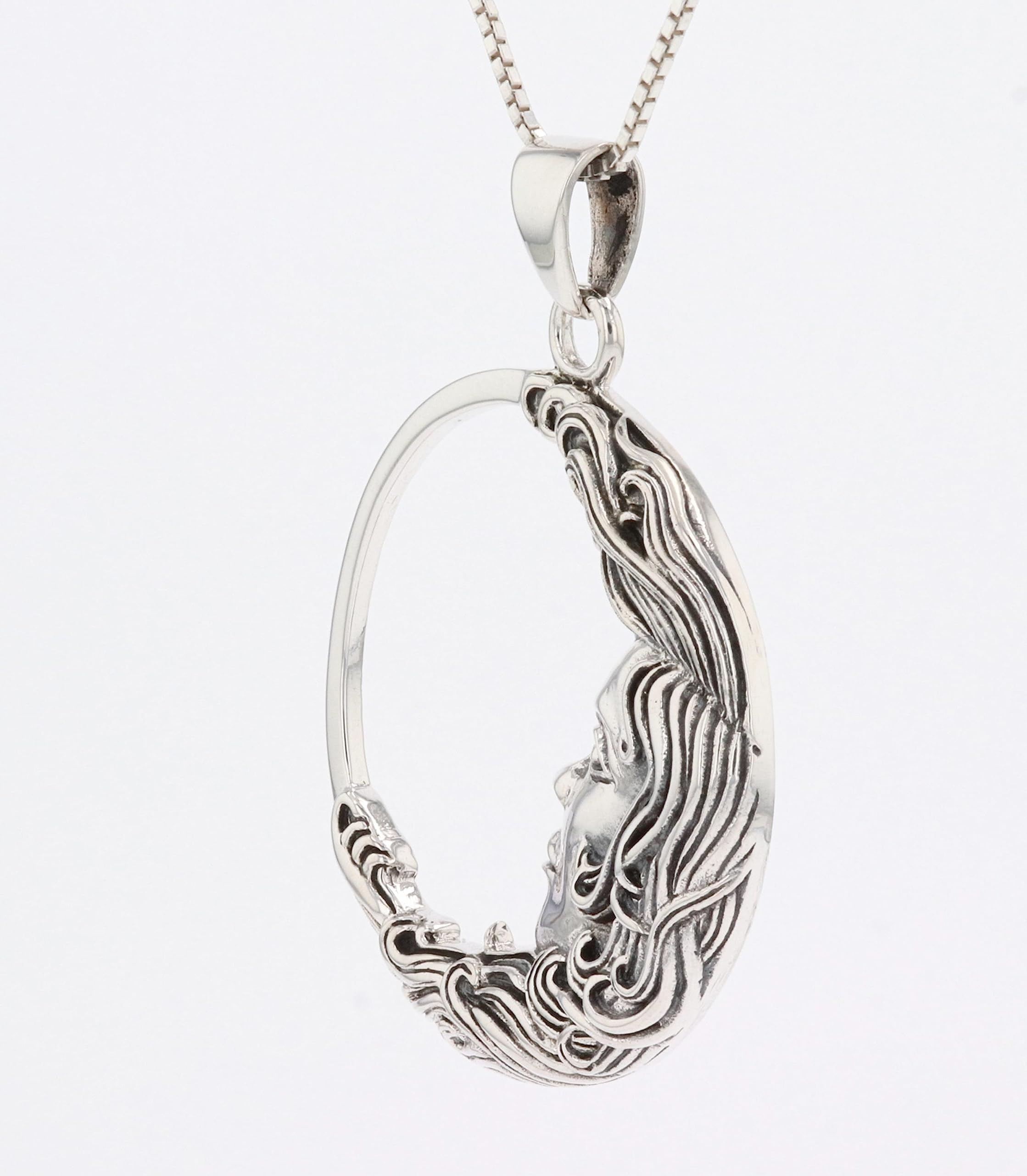 Jewelry Trends Sterling Silver Large Crescent Moon Goddess Face Pendant Necklace 18"