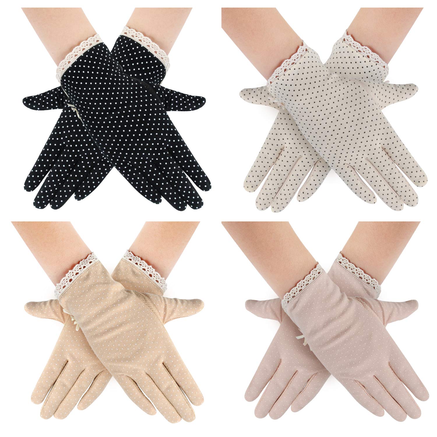 MarJunSep 4 Pairs Summer Women Dots Sun Uv Protection Gloves Cotton Lace Anti-skid Driving Gloves