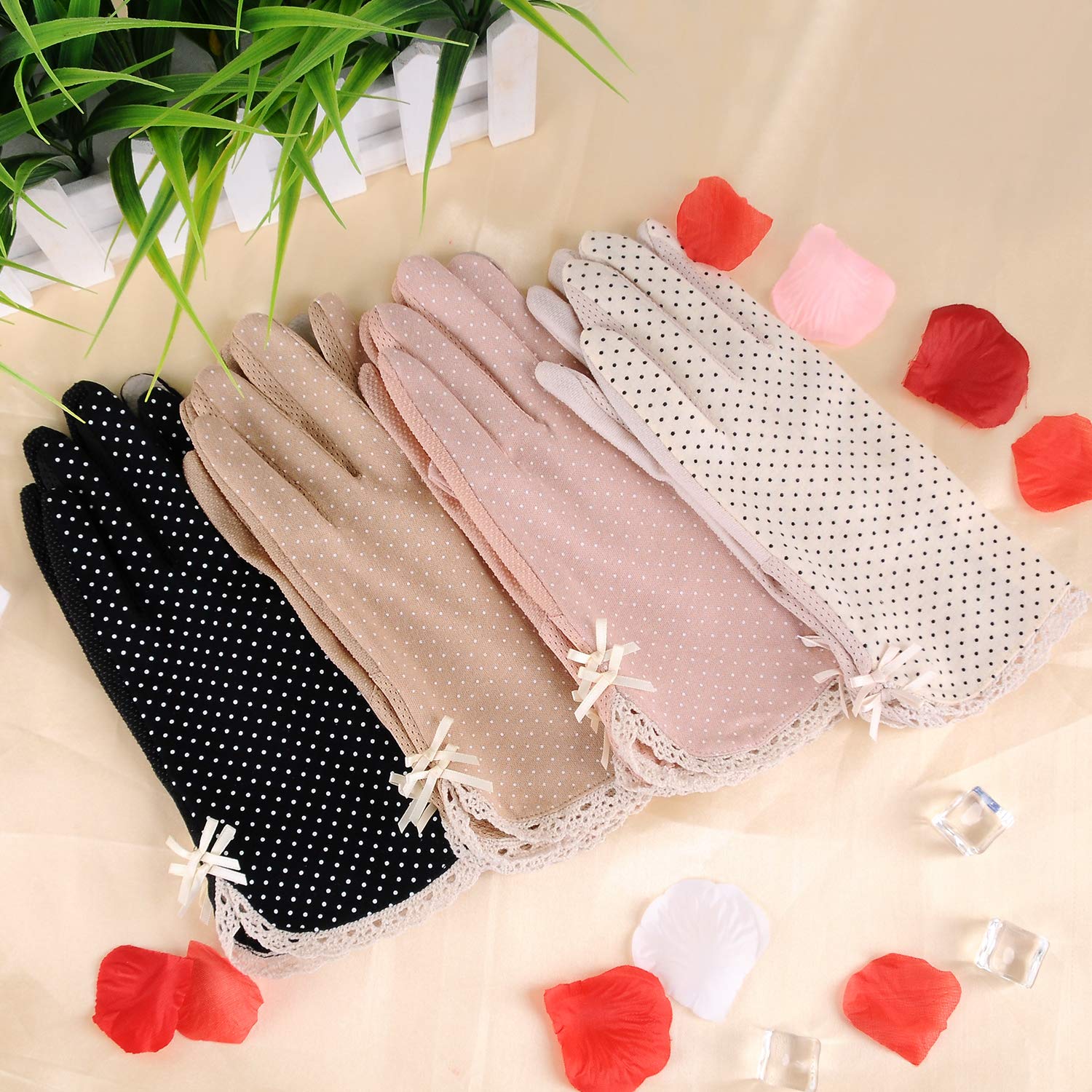 MarJunSep 4 Pairs Summer Women Dots Sun Uv Protection Gloves Cotton Lace Anti-skid Driving Gloves