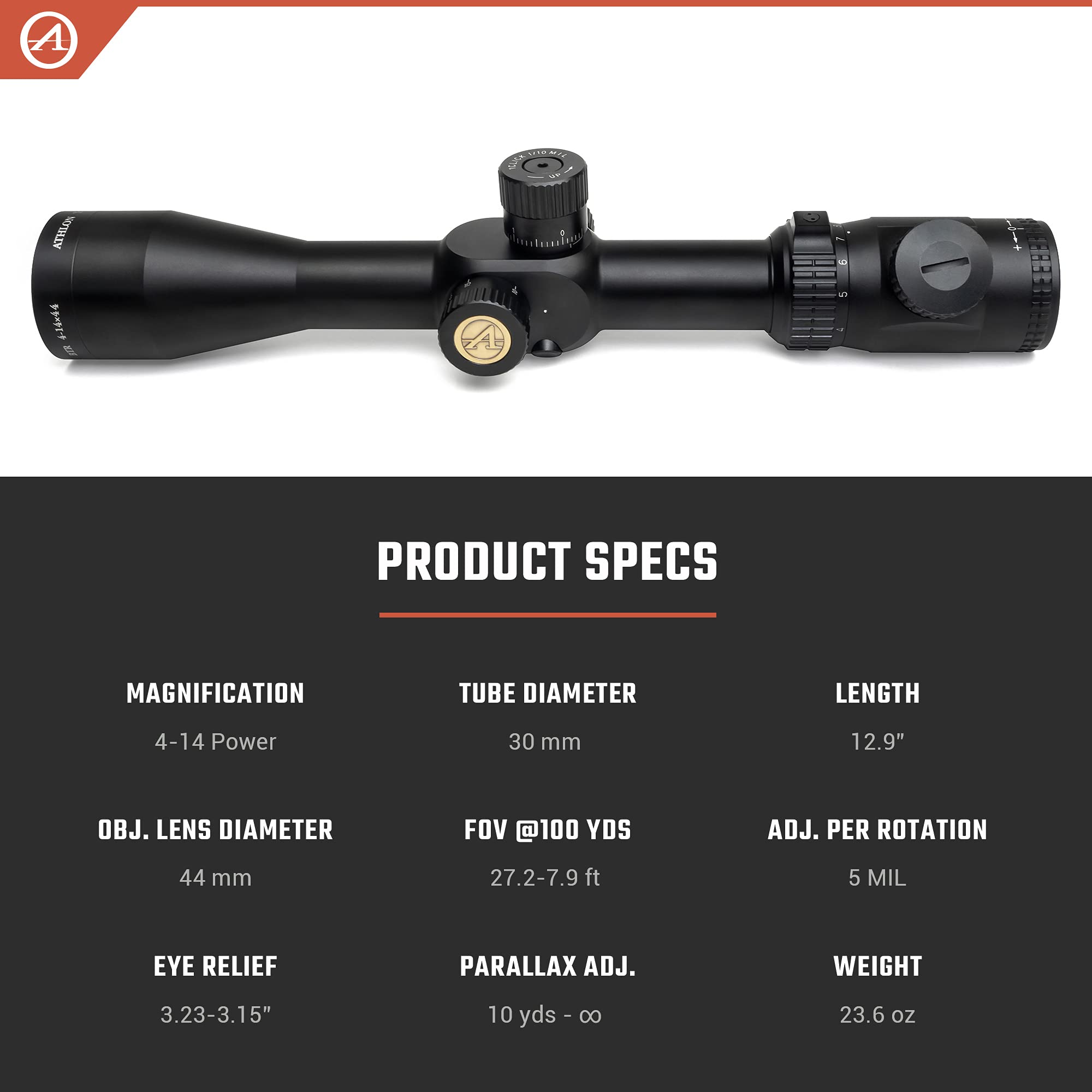 Athlon Optics Talos BTR 4-14x44 First Focal Plane Riflescope, APLR2 FFP IR MIL Reticle, Black