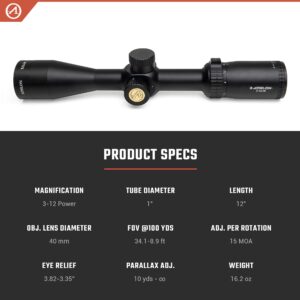 Athlon Optics , Talos , Riflescope , 3-12 x 40 Second Focal Plane (SFP) 1" Tube, MIL Dot Reticle , , Black