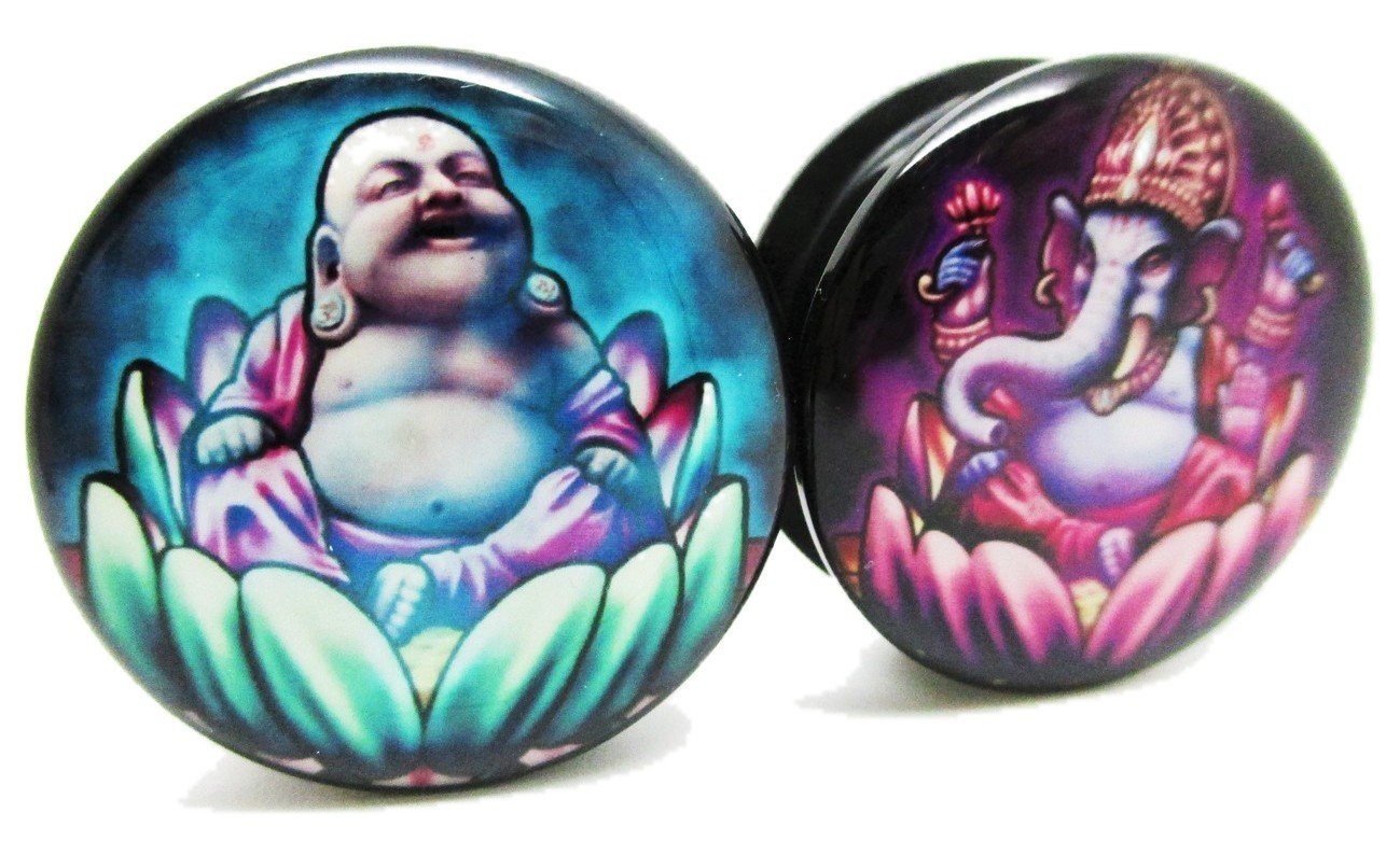 Pierced Republic Ganesh & Buddha Ear Plugs - Acrylic - Screw on - NEW *Pair* - 10 Sizes (2 Gauge (6mm))