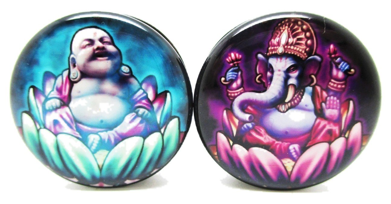 Pierced Republic Ganesh & Buddha Ear Plugs - Acrylic - Screw on - NEW *Pair* - 10 Sizes (2 Gauge (6mm))