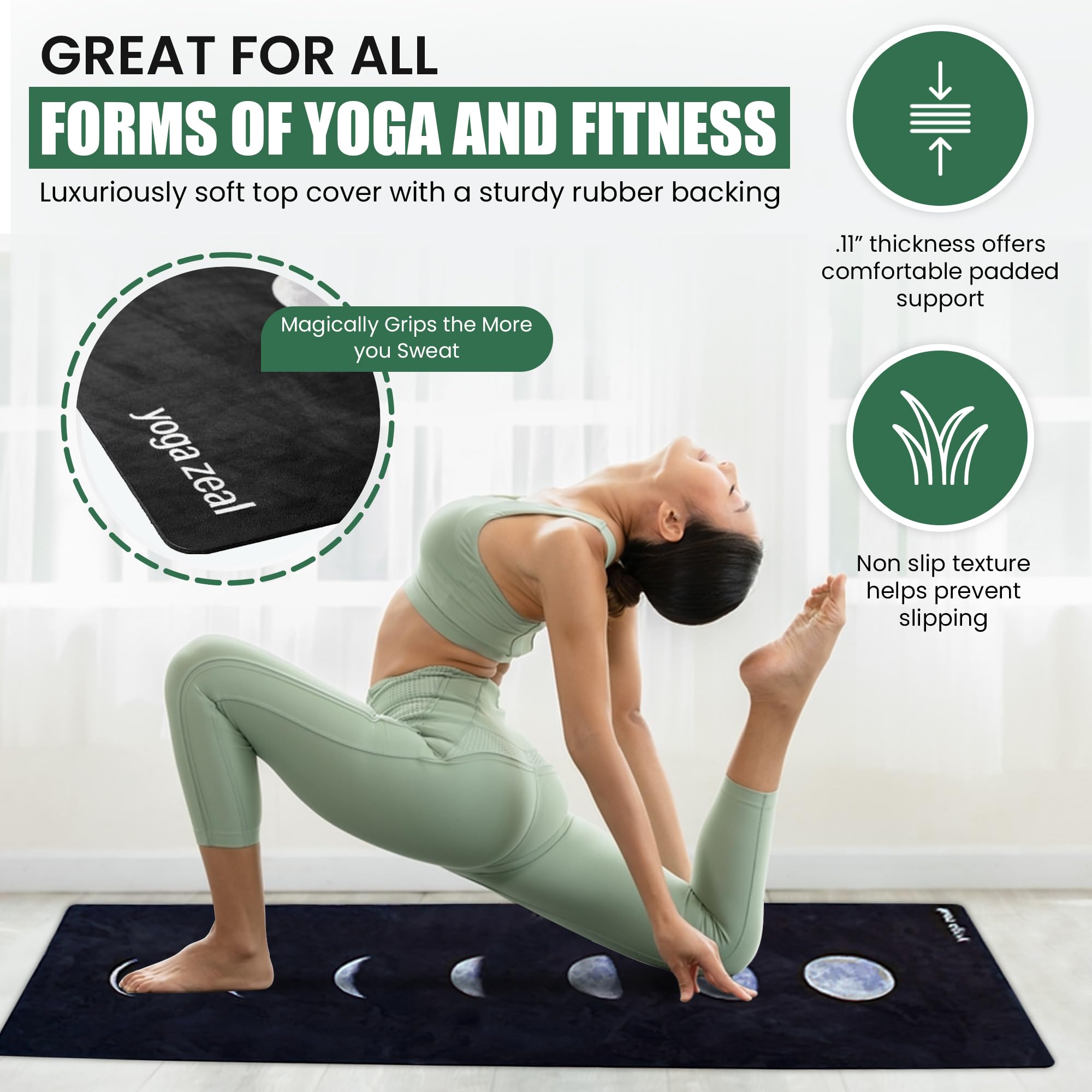 Black Lunar Mat by Yoga Zeal - Luxuriously Soft, Thick, Non-Slip, Hot Yoga Mat. Eco Printed. Designed to grip better with a sweaty yoga practice